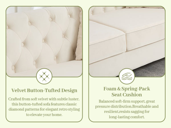 English Elm 58.5 Inch Velvet Chesterfield Loveseat with Button Tufting Nailhead Trim Metal Legs Beige W3505S00095