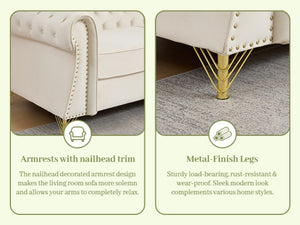 English Elm 58.5 Inch Velvet Chesterfield Loveseat with Button Tufting Nailhead Trim Metal Legs Beige W3505S00095