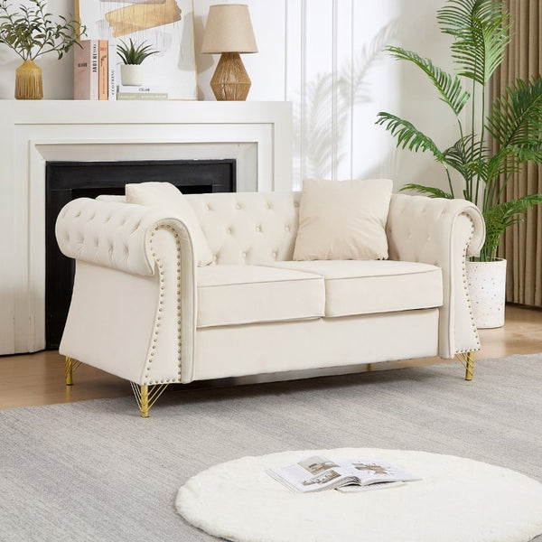 English Elm 58.5 Inch Velvet Chesterfield Loveseat with Button Tufting Nailhead Trim Metal Legs Beige W3505S00095