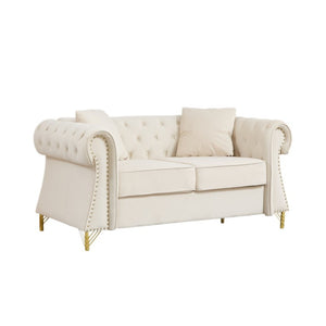English Elm 58.5 Inch Velvet Chesterfield Loveseat with Button Tufting Nailhead Trim Metal Legs Beige W3505S00095