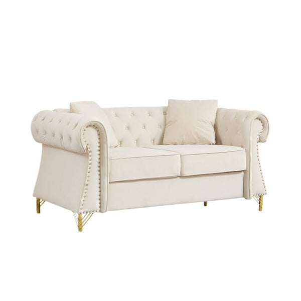 English Elm 58.5 Inch Velvet Chesterfield Loveseat with Button Tufting Nailhead Trim Metal Legs Beige W3505S00095