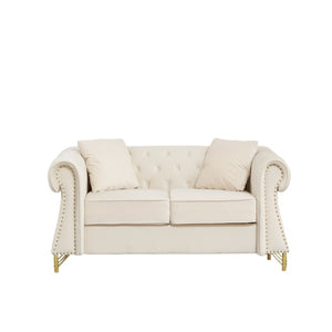 English Elm 58.5 Inch Velvet Chesterfield Loveseat with Button Tufting Nailhead Trim Metal Legs Beige W3505S00095