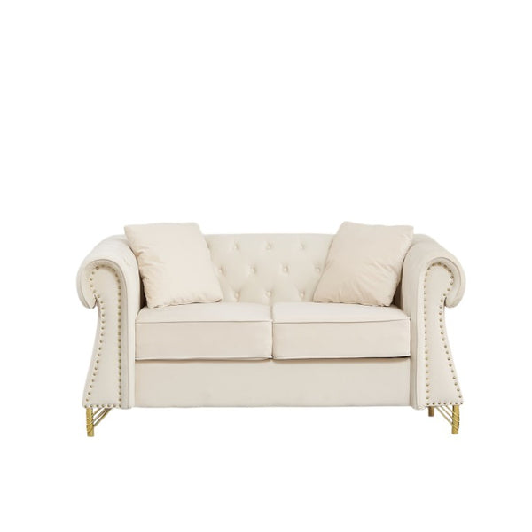 English Elm 58.5 Inch Velvet Chesterfield Loveseat with Button Tufting Nailhead Trim Metal Legs Beige W3505S00095