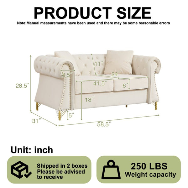 English Elm 58.5 Inch Velvet Chesterfield Loveseat with Button Tufting Nailhead Trim Metal Legs Beige W3505S00095