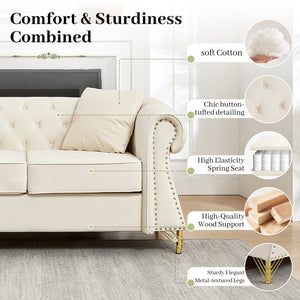 English Elm 58.5 Inch Velvet Chesterfield Loveseat with Button Tufting Nailhead Trim Metal Legs Beige W3505S00095