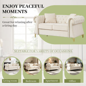 English Elm 58.5 Inch Velvet Chesterfield Loveseat with Button Tufting Nailhead Trim Metal Legs Beige W3505S00095