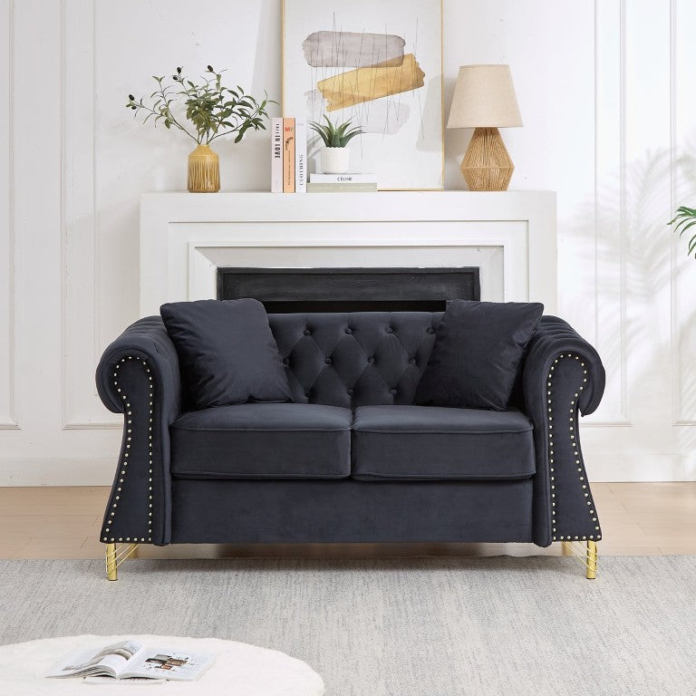 English Elm 58.5 Inch Velvet Chesterfield Loveseat with Button Tufting Nailhead Trim Metal Legs Black W3505S00096