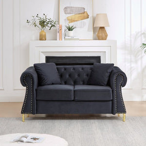 English Elm 58.5 Inch Velvet Chesterfield Loveseat with Button Tufting Nailhead Trim Metal Legs Black W3505S00096
