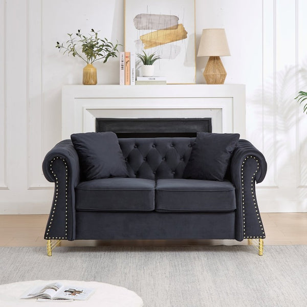 English Elm 58.5 Inch Velvet Chesterfield Loveseat with Button Tufting Nailhead Trim Metal Legs Black W3505S00096