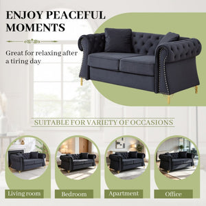 English Elm 58.5 Inch Velvet Chesterfield Loveseat with Button Tufting Nailhead Trim Metal Legs Black W3505S00096