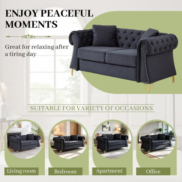 English Elm 58.5 Inch Velvet Chesterfield Loveseat with Button Tufting Nailhead Trim Metal Legs Black W3505S00096