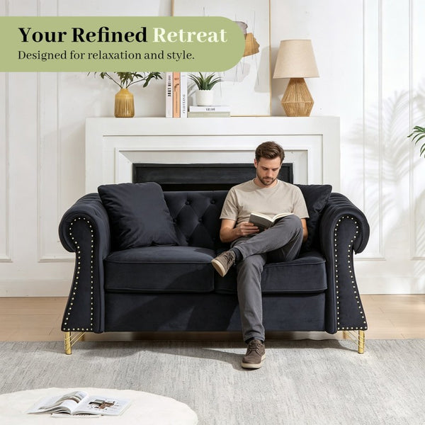 English Elm 58.5 Inch Velvet Chesterfield Loveseat with Button Tufting Nailhead Trim Metal Legs Black W3505S00096