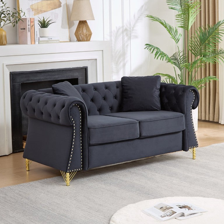 English Elm 58.5 Inch Velvet Chesterfield Loveseat with Button Tufting Nailhead Trim Metal Legs Black W3505S00096