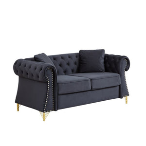 English Elm 58.5 Inch Velvet Chesterfield Loveseat with Button Tufting Nailhead Trim Metal Legs Black W3505S00096