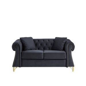 English Elm 58.5 Inch Velvet Chesterfield Loveseat with Button Tufting Nailhead Trim Metal Legs Black W3505S00096