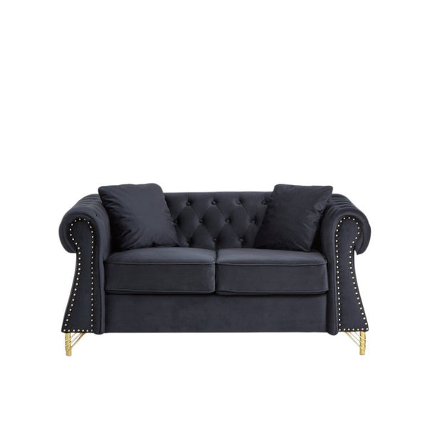 English Elm 58.5 Inch Velvet Chesterfield Loveseat with Button Tufting Nailhead Trim Metal Legs Black W3505S00096