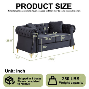 English Elm 58.5 Inch Velvet Chesterfield Loveseat with Button Tufting Nailhead Trim Metal Legs Black W3505S00096