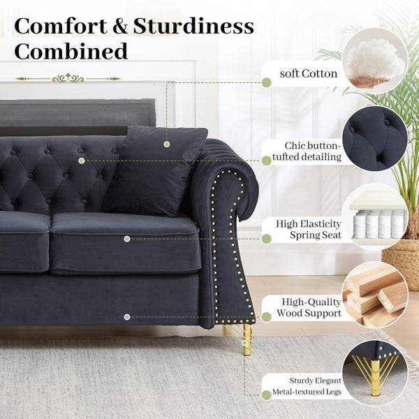 English Elm 58.5 Inch Velvet Chesterfield Loveseat with Button Tufting Nailhead Trim Metal Legs Black W3505S00096
