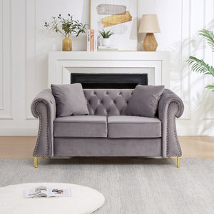 English Elm 58.5 Inch Velvet Chesterfield Loveseat with Button Tufting Nailhead Trim Metal Legs Gray W3505S00097