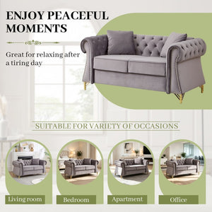 English Elm 58.5 Inch Velvet Chesterfield Loveseat with Button Tufting Nailhead Trim Metal Legs Gray W3505S00097