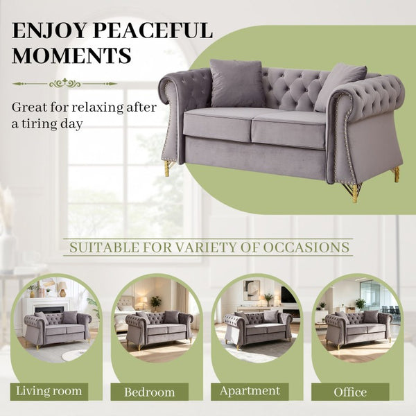 English Elm 58.5 Inch Velvet Chesterfield Loveseat with Button Tufting Nailhead Trim Metal Legs Gray W3505S00097