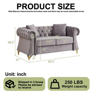 English Elm 58.5 Inch Velvet Chesterfield Loveseat with Button Tufting Nailhead Trim Metal Legs Gray W3505S00097