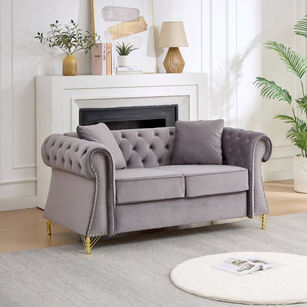 English Elm 58.5 Inch Velvet Chesterfield Loveseat with Button Tufting Nailhead Trim Metal Legs Gray W3505S00097