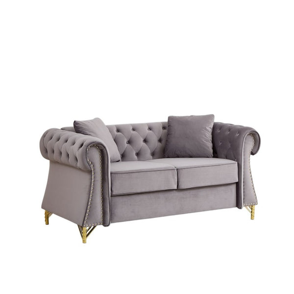English Elm 58.5 Inch Velvet Chesterfield Loveseat with Button Tufting Nailhead Trim Metal Legs Gray W3505S00097