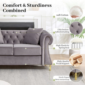 English Elm 58.5 Inch Velvet Chesterfield Loveseat with Button Tufting Nailhead Trim Metal Legs Gray W3505S00097