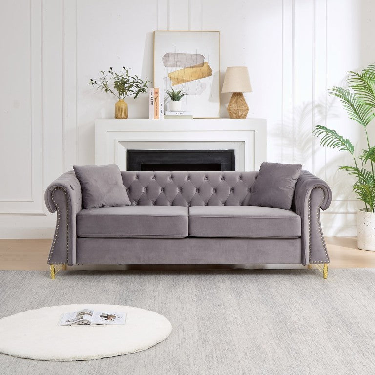 English Elm 80 Inch Velvet Chesterfield Sofa with Diamond Tufting Nailhead Trim and Metal Legs Gray W3505S00100