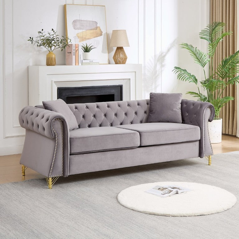 English Elm 80 Inch Velvet Chesterfield Sofa with Diamond Tufting Nailhead Trim and Metal Legs Gray W3505S00100