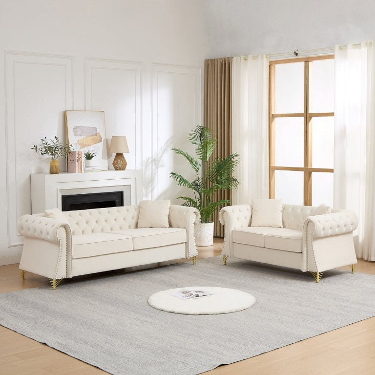 English Elm Velvet Chesterfield Sectional Sofa Tufted Five Seat Living Room Nailhead Luxe Beige 3+2 Seater Metal Legs W3505S00101