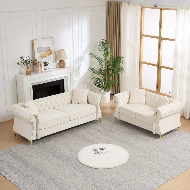 English Elm Velvet Chesterfield Sectional Sofa Tufted Five Seat Living Room Nailhead Luxe Beige 3+2 Seater Metal Legs W3505S00101