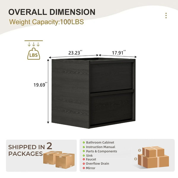 English Elm 24 Inch Floating Bathroom Vanity Cabinet with Two Drawers Moisture Resistant Wall Mount W3520P481430