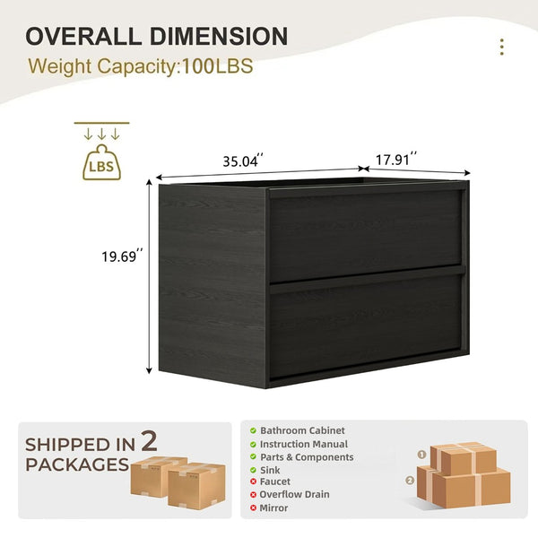 English Elm 36 Inch Floating Wall Mounted Bathroom Vanity with Two Drawers Modern Storage Cabinet W3520P481437