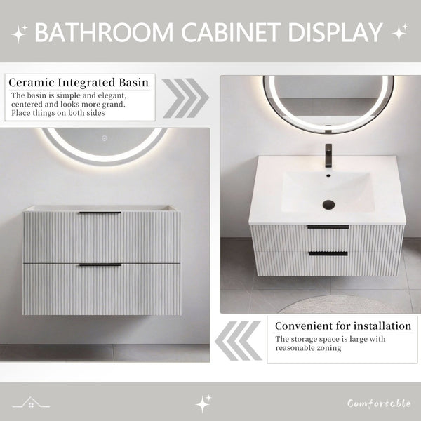 English Elm 30 Inch Floating Gray Bathroom Vanity with Soft Close Drawers and Pipe Cutout Antique Gray W3520P503892