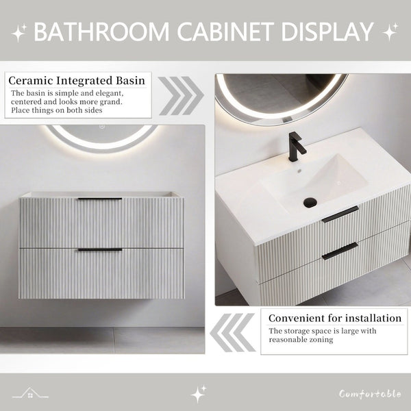 English Elm 36 Inch Floating Bathroom Vanity with Two Drawers in a Sleek Gray Contemporary Finish W3520P503914