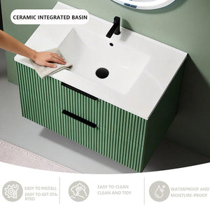 English Elm 30 Inch Floating Gray Bathroom Vanity with Soft Close Drawers and Pipe Cutout Antique Green W3520P503917