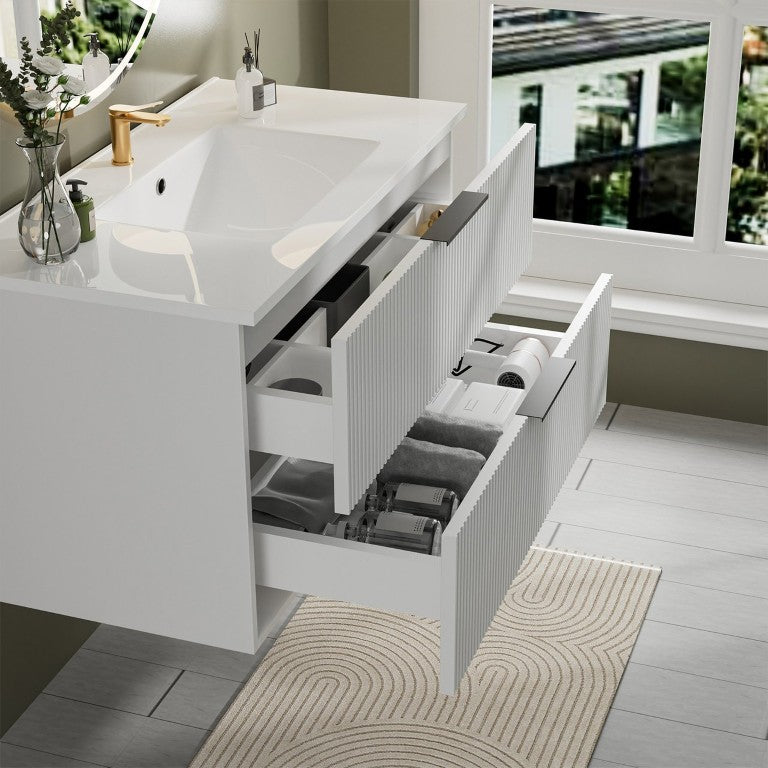 English Elm 48 Inch Floating Bathroom Vanity Cabinet Fluted White Soft Close Drawers Modern W3520P508835