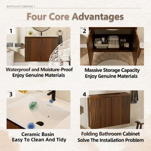 English Elm 30Inch Walnut Wall Cabinet Slim Folding Design Tool Free Mount for Modern Bathrooms W3520S00018