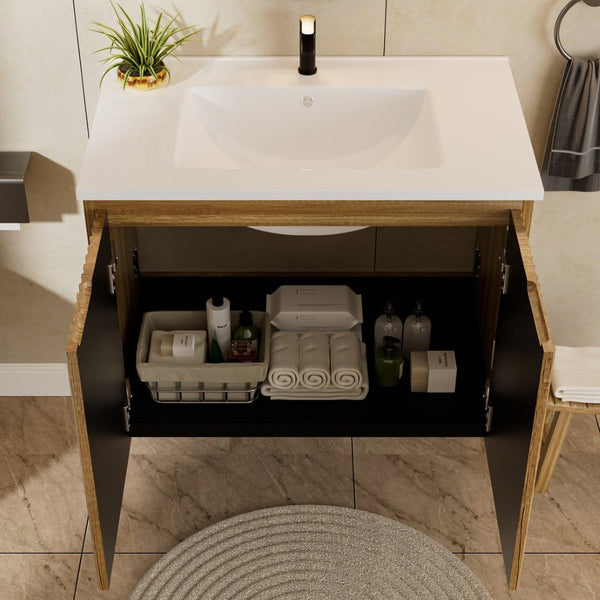 English Elm 30Inch Golden Oak Folding Wall Cabinet Snap Fit Moisture Resistant Modern Bathroom Storage W3520S00019