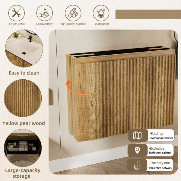 English Elm 30Inch Golden Oak Folding Wall Cabinet Snap Fit Moisture Resistant Modern Bathroom Storage W3520S00019