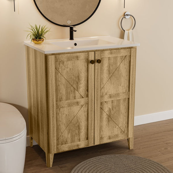 English Elm 30Inch Antique Grey Farmhouse Floor Cabinet Folding Design for Bathroom or Entryway W3520S00020