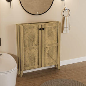 English Elm 30Inch Antique Grey Farmhouse Floor Cabinet Folding Design for Bathroom or Entryway W3520S00020
