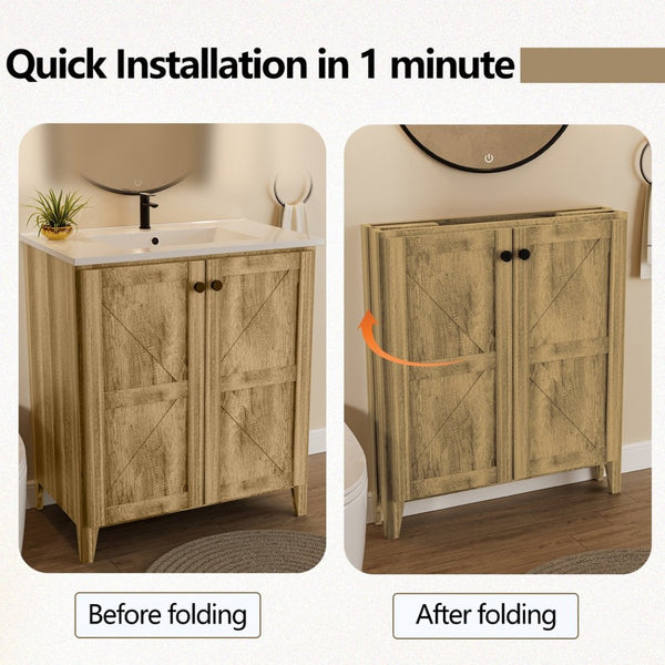 English Elm 30Inch Antique Grey Farmhouse Floor Cabinet Folding Design for Bathroom or Entryway W3520S00020