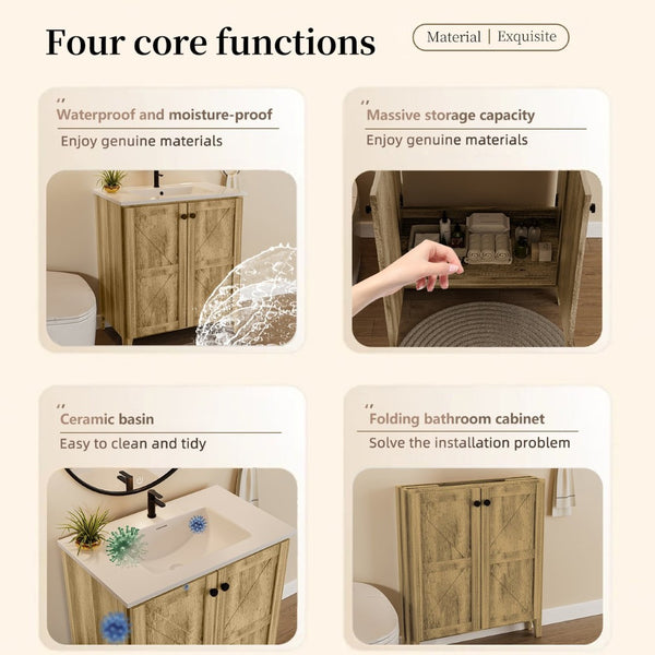 English Elm 30Inch Antique Grey Farmhouse Floor Cabinet Folding Design for Bathroom or Entryway W3520S00020