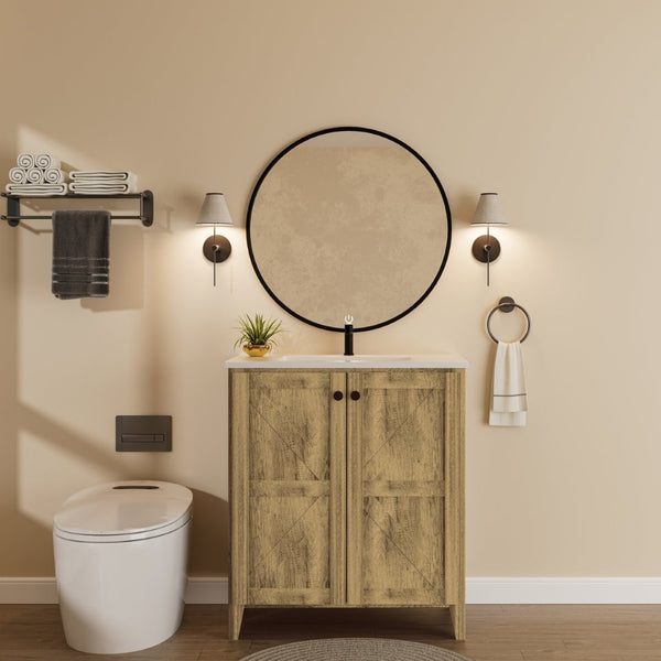 English Elm 30Inch Antique Grey Farmhouse Floor Cabinet Folding Design for Bathroom or Entryway W3520S00020