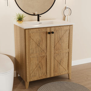 English Elm 30Inch Golden Oak Bathroom Floor Cabinet Snap Fold Engineered Wood American Style W3520S00021