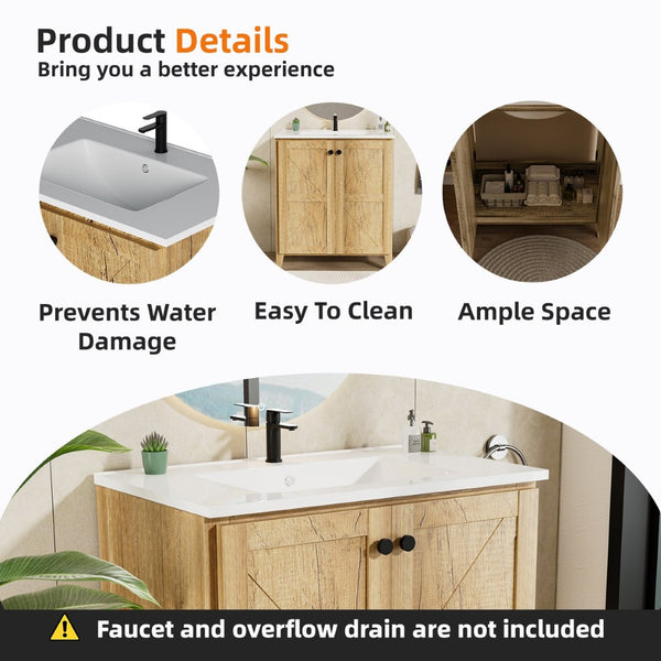 English Elm 30Inch Golden Oak Bathroom Floor Cabinet Snap Fold Engineered Wood American Style W3520S00021