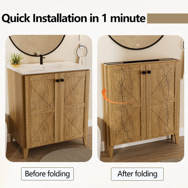 English Elm 30Inch Golden Oak Bathroom Floor Cabinet Snap Fold Engineered Wood American Style W3520S00021